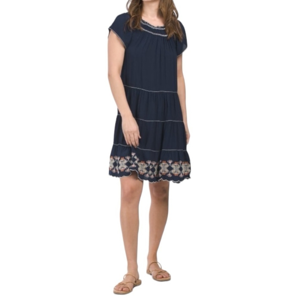 Max Studio Navy Embroidered Peasant Dress Size Medium